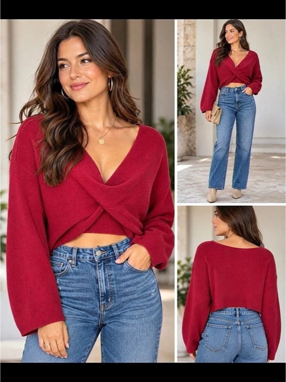 NWSam Edelman Allie Cropped Ribbed Twist Tie Sweater Top cherry jubilee XL